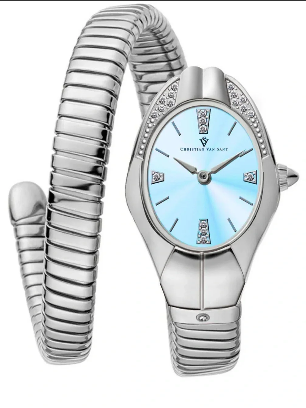 Silver Women's Snake Watch Analog Wristwatch with Light Blue Dial